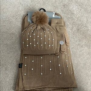 Women's Tan Knit Hat, Scarf, and Gloves Set
